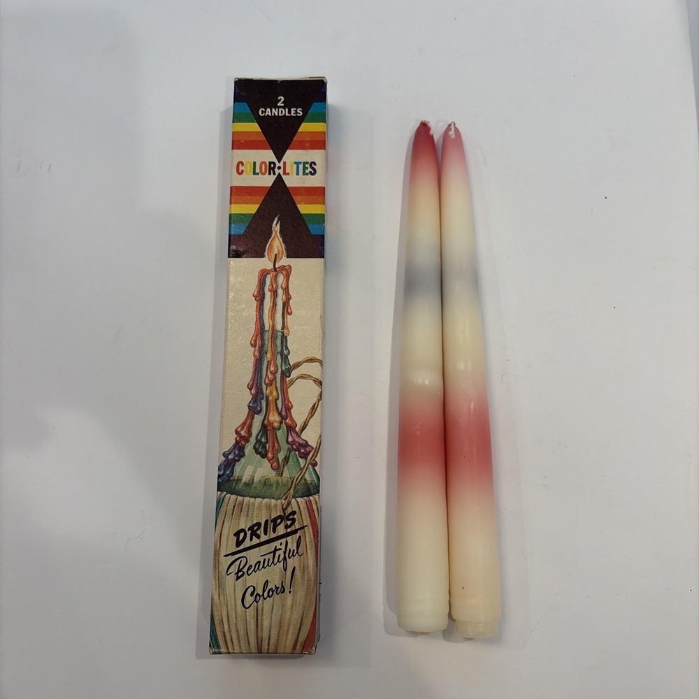 Set of 2 Vintage Color-Lites Wax Beautiful Color Drip Taper‎ Candles with Box